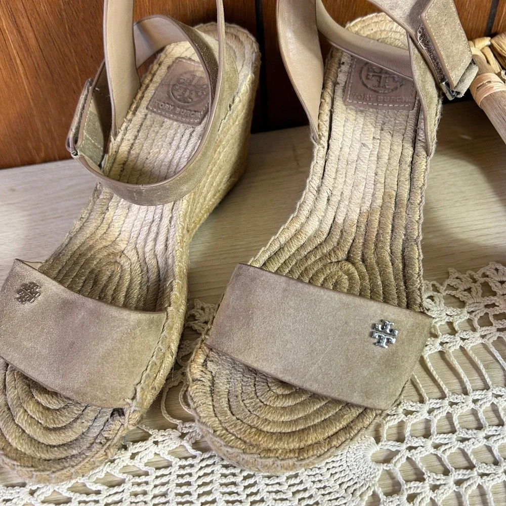 Tory Burch Tan Suede Espadrille Wedge Sandals Women's Size‎ 8